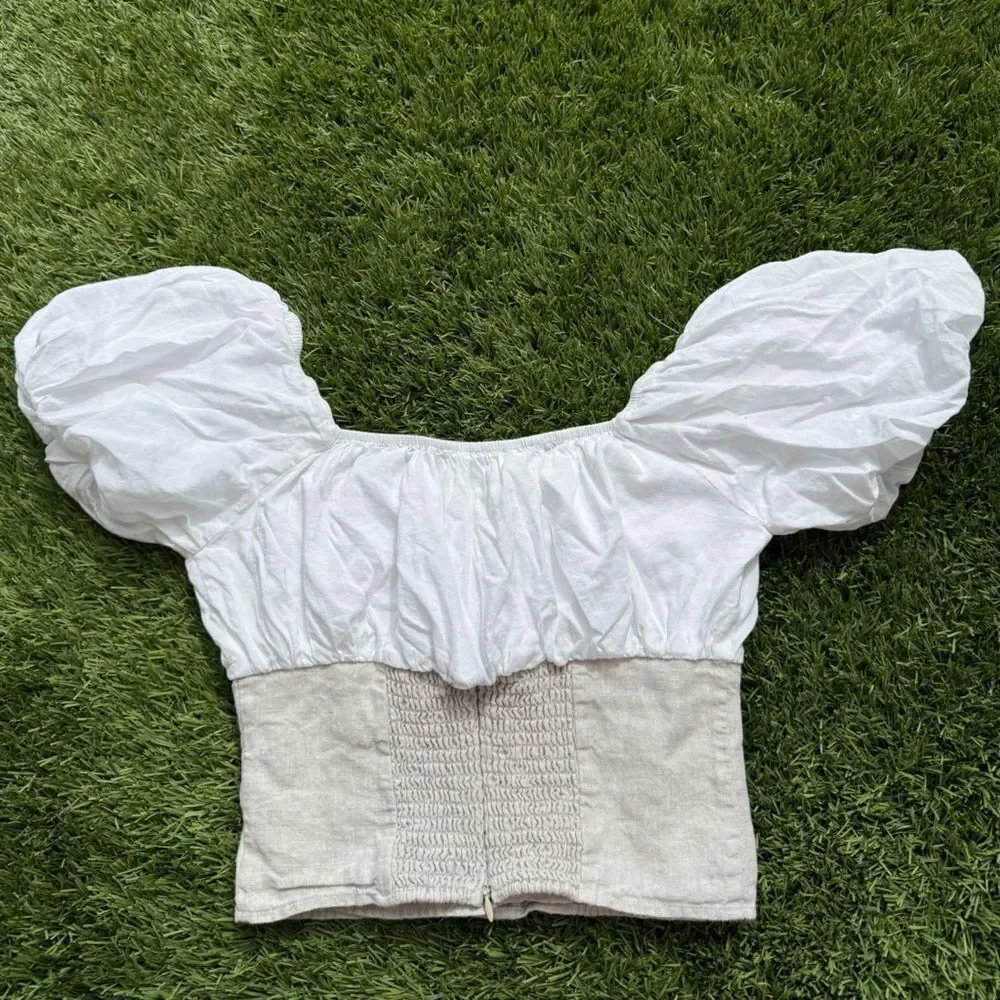 Reformation Alayna Linen Top 1/2 Corset in White/Burlap Sz 6